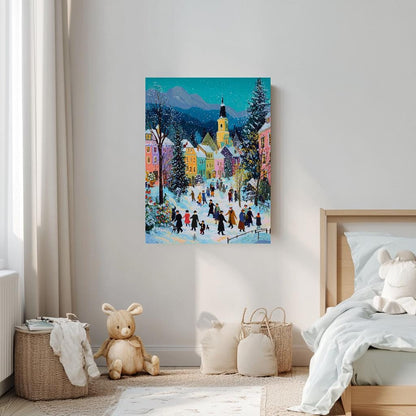 a cozy bedroom scene with a large painting of a snowy village hanging on the wall. The painting features colorful buildings, trees, and people enjoying winter activities. A teddy bear is sitting on the floor, and there are baskets and a stuffed animal nearby. The room has a bed, a window, and a rug, creating a warm and inviting atmosphere.
