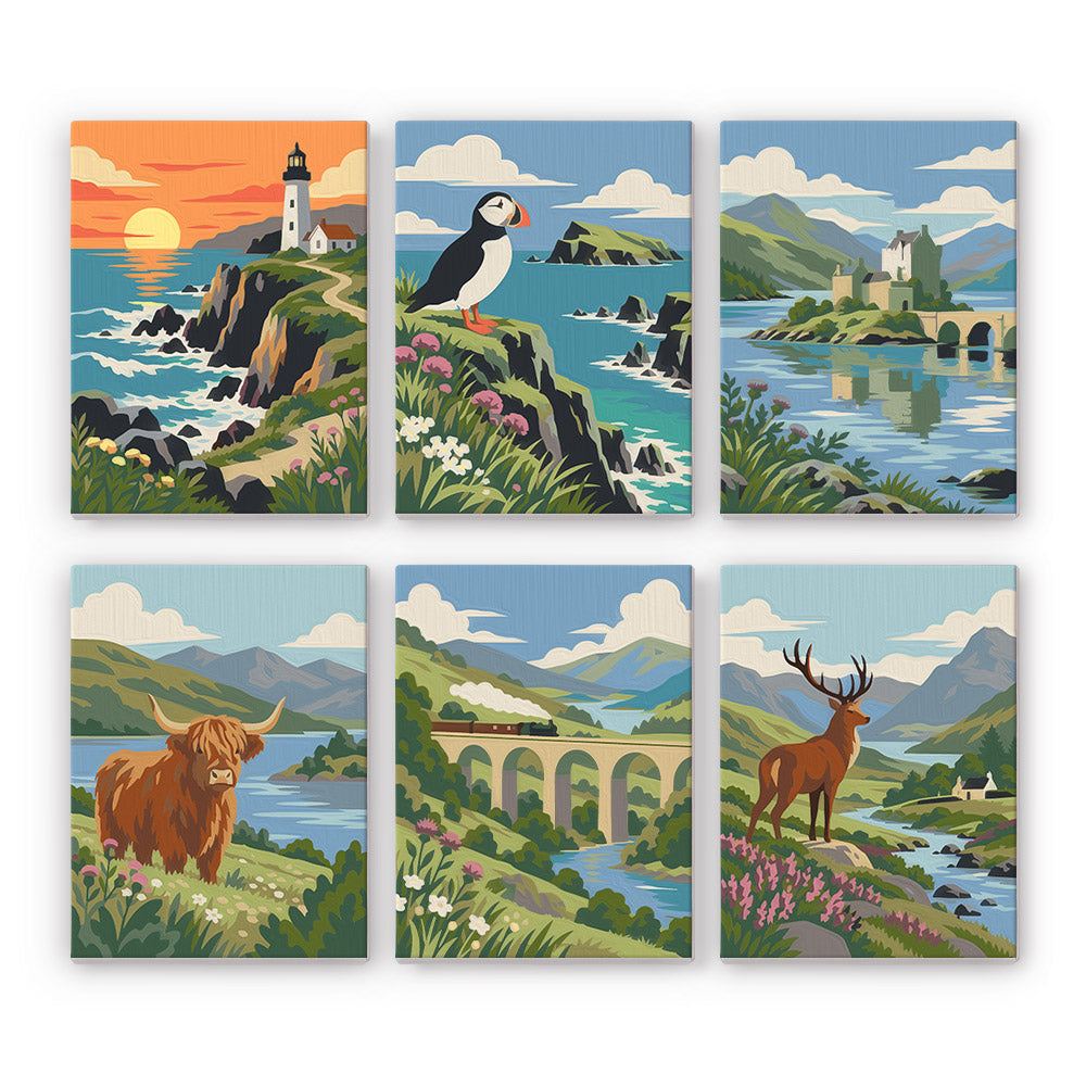 The image is a collage of six pictures depicting various landscapes and wildlife scenes, including a lighthouse, puffins, a castle, a cow, a bridge, and a deer.
