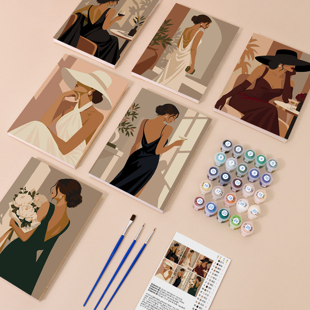 a collection of six framed illustrations depicting women in elegant attire, along with paintbrushes, paint tubes, and a guidebook, suggesting an art kit for painting.