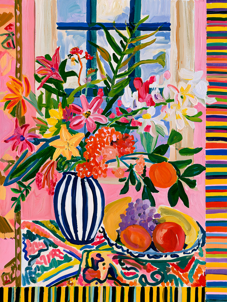 The image is a vibrant and colorful painting featuring a vase of flowers, a bowl of fruit, and a window with a view of the outdoors.