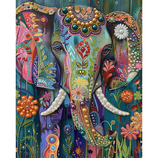 The image is a vibrant and colorful painting of an elephant, featuring intricate patterns, flowers, and other decorative elements in a variety of bright and vivid colors.