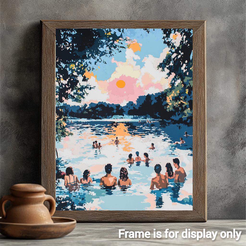 a painting of people swimming in a lake