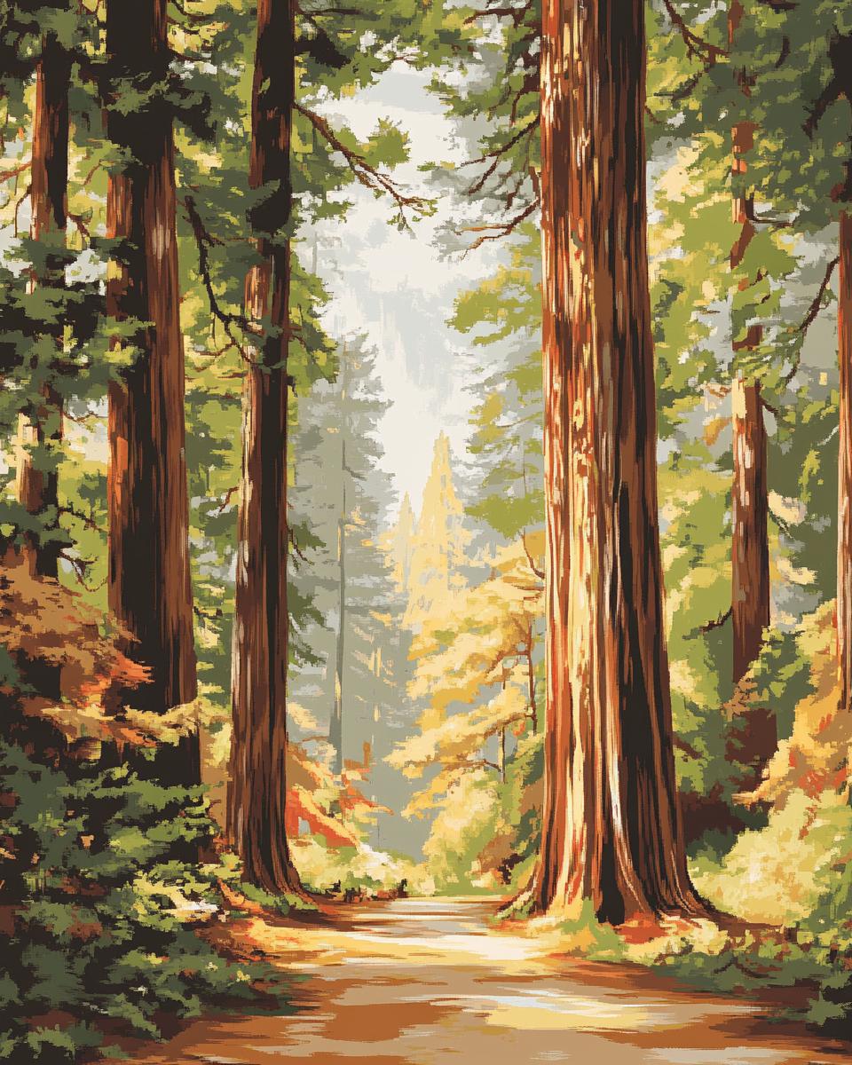 a painting of a path through a forest