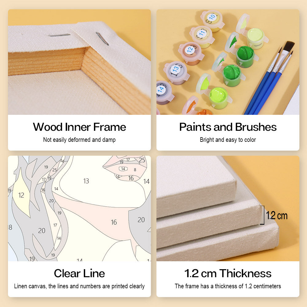 The image is a collage of four different pictures, each depicting a different aspect of painting or canvas art. The first image shows a wooden inner frame, the second image displays paints and brushes, the third image features a clear line canvas, and the fourth image shows the dimensions of the frame.