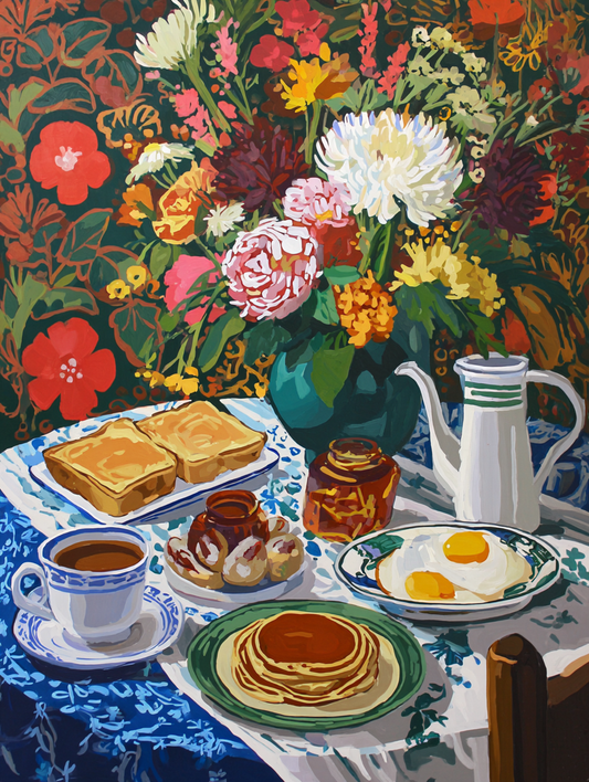 A vibrant and colorful still life painting depicting a breakfast spread, including toast, eggs, pancakes, and a vase of flowers, set against a floral background.