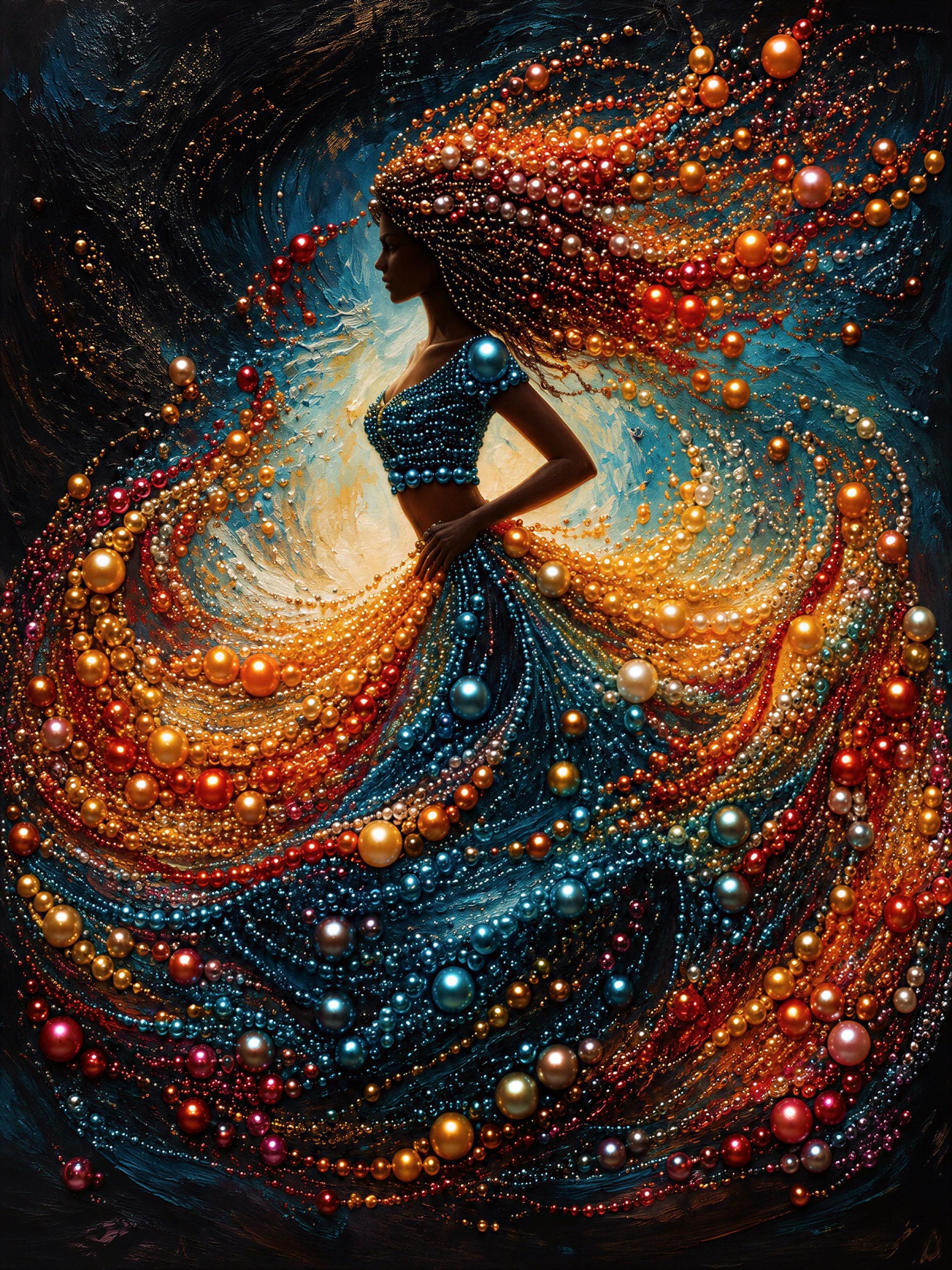 The image is a vibrant and colorful painting depicting a woman with flowing hair and a dress adorned with numerous beads in shades of orange, blue, and gold.
