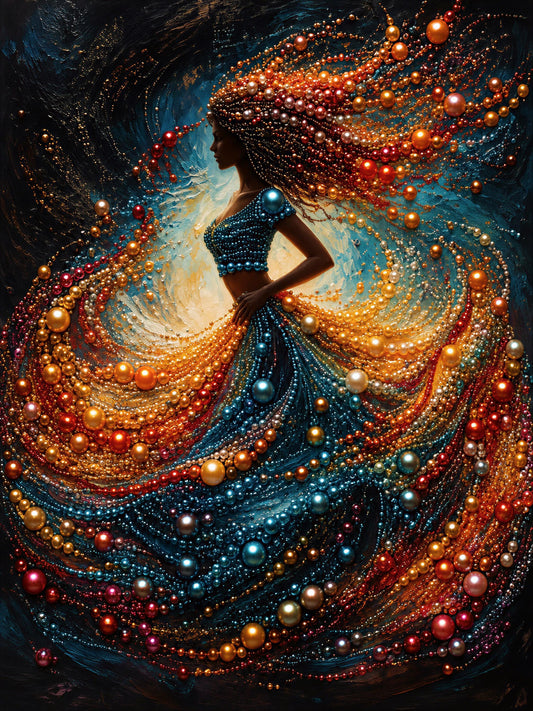 The image is a vibrant and colorful painting depicting a woman with flowing hair and a dress adorned with numerous beads in shades of orange, blue, and gold.