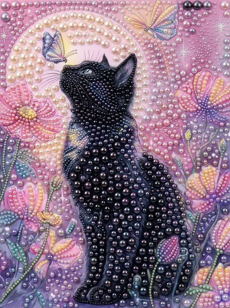 A black cat with a pearl-like pattern on its fur is sitting amidst a vibrant floral and butterfly scene, surrounded by a multitude of colorful flowers and butterflies.