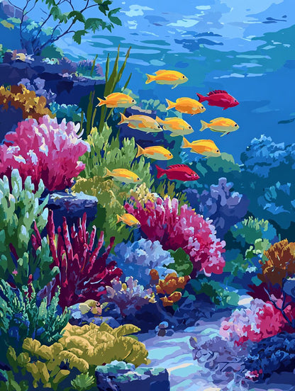 A vibrant underwater scene with a school of colorful fish swimming amidst a lush coral reef.