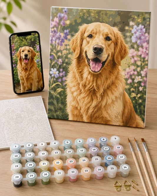 a painting of a golden retriever dog surrounded by flowers, along with a smartphone displaying a similar image, paint supplies, and brushes on a table.