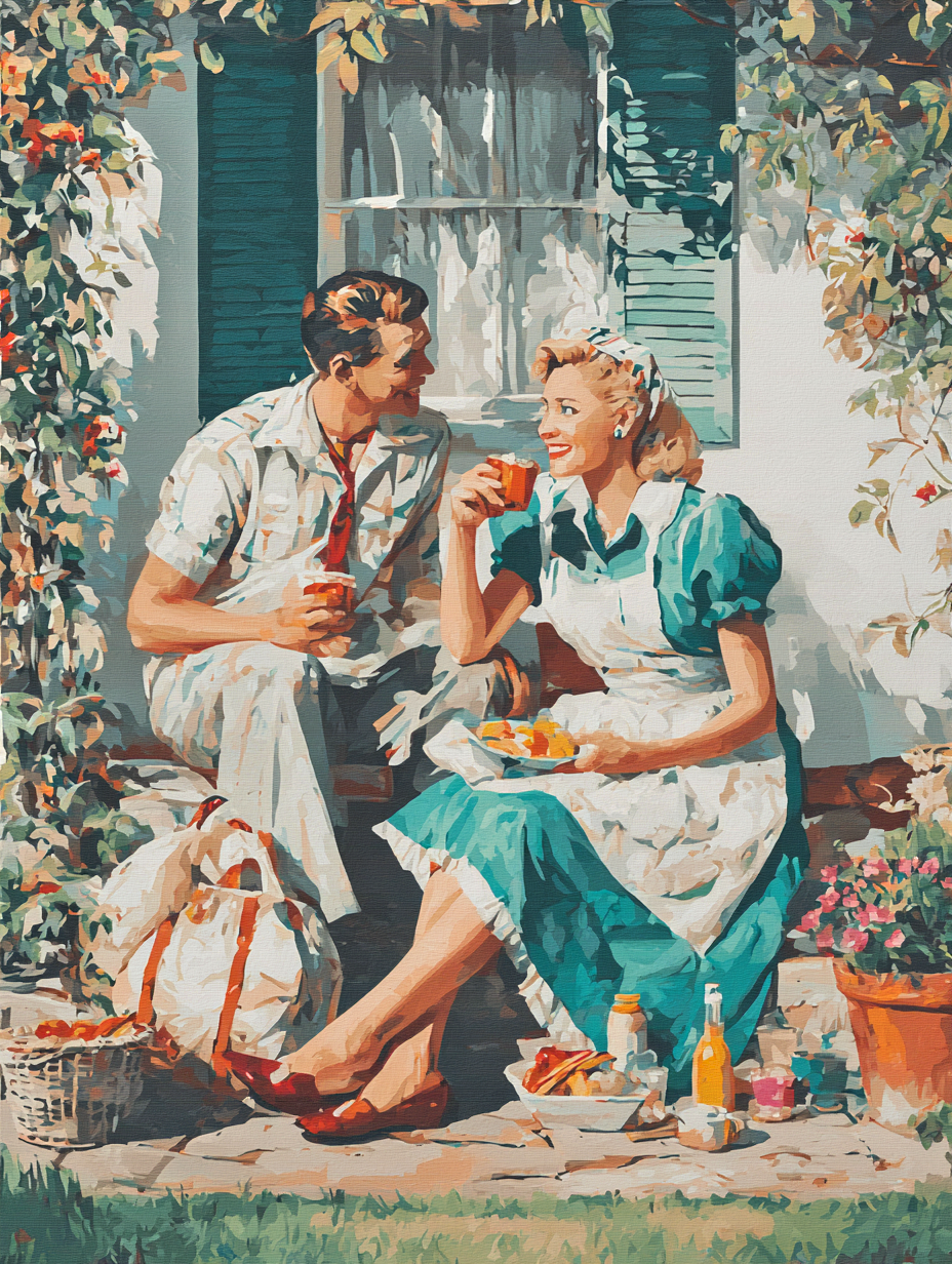A man and a woman are sitting on a bench, enjoying a meal together. The woman is wearing a blue dress and the man is wearing a white shirt. They are surrounded by potted plants and flowers, creating a pleasant and relaxed atmosphere.