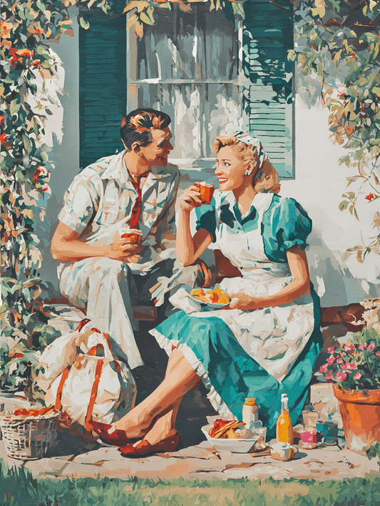 A man and a woman are sitting on a bench, enjoying a meal together. The woman is wearing a blue dress and the man is wearing a white shirt. They are surrounded by potted plants and flowers, creating a pleasant and relaxed atmosphere.