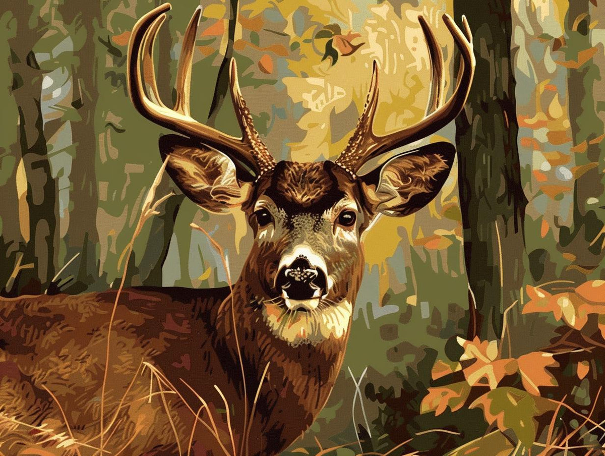 a painting of a deer in the woods