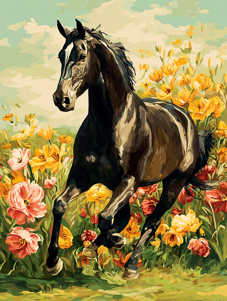 A black horse galloping through a field of colorful flowers, with a bright blue sky in the background.