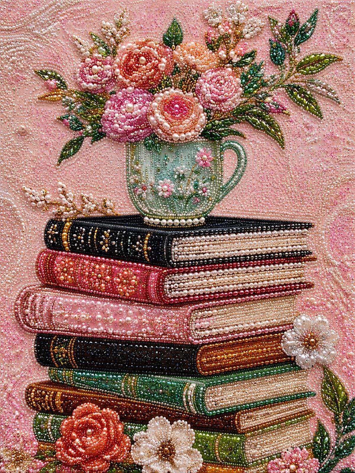 A stack of colorful books with a vase of flowers on top, set against a pink background with floral patterns.