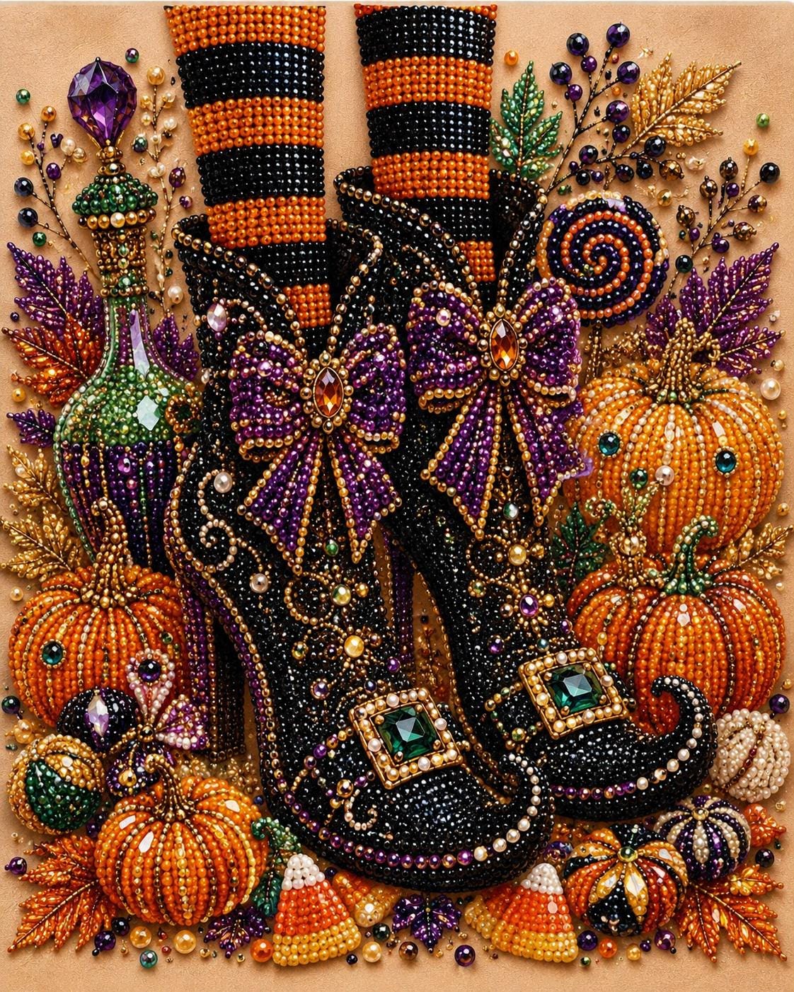 The image is a collage featuring a pair of ornately decorated black boots with purple bows, surrounded by various Halloween-themed elements such as pumpkins, gourds, and beads.
