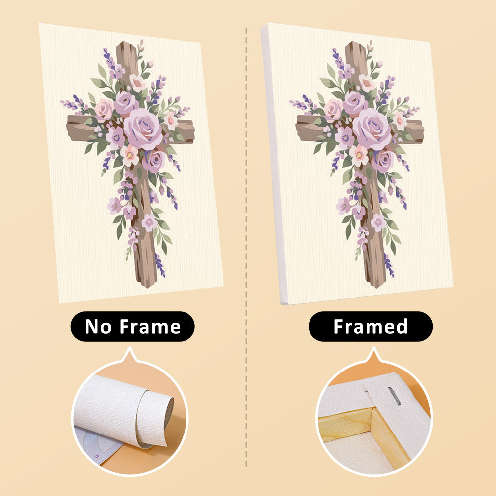 The image is a comparison of two framed and two unframed images of a floral cross. The text indicates that the framed image is a framed version, while the unframed image is not framed.