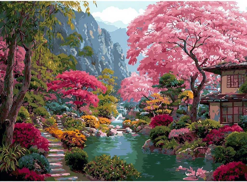 Garden with River and Pink Trees Landscape