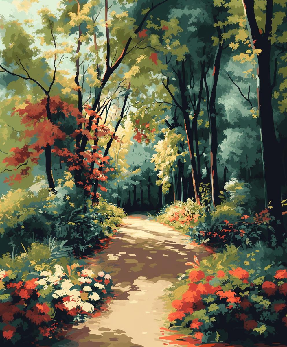 a painting of a path through a forest
