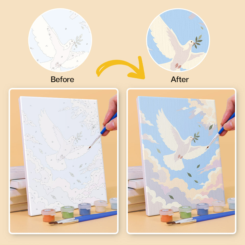 The image is a comparison of a painting before and after the process of painting it. The before image shows a plain white canvas, while the after image shows the same canvas with a painted depiction of a bird in flight.