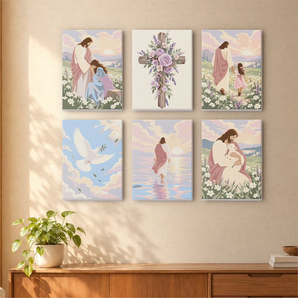 The image is a wall display featuring six paintings depicting various scenes related to the life of Jesus Christ.