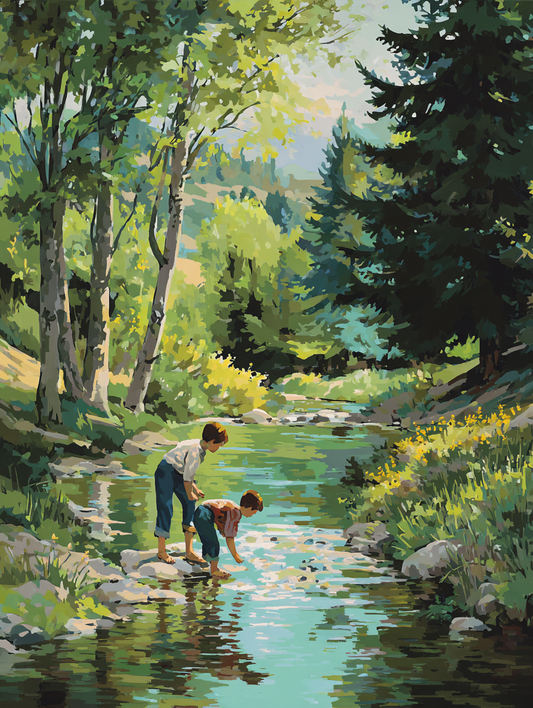Two children playing in a stream surrounded by lush greenery and tall trees.