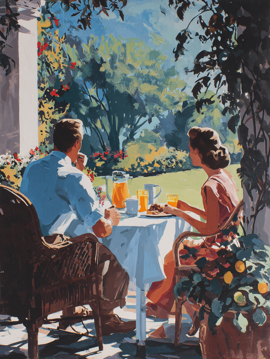 A man and a woman are seated at a table on a patio, enjoying a meal together with orange juice and other drinks.