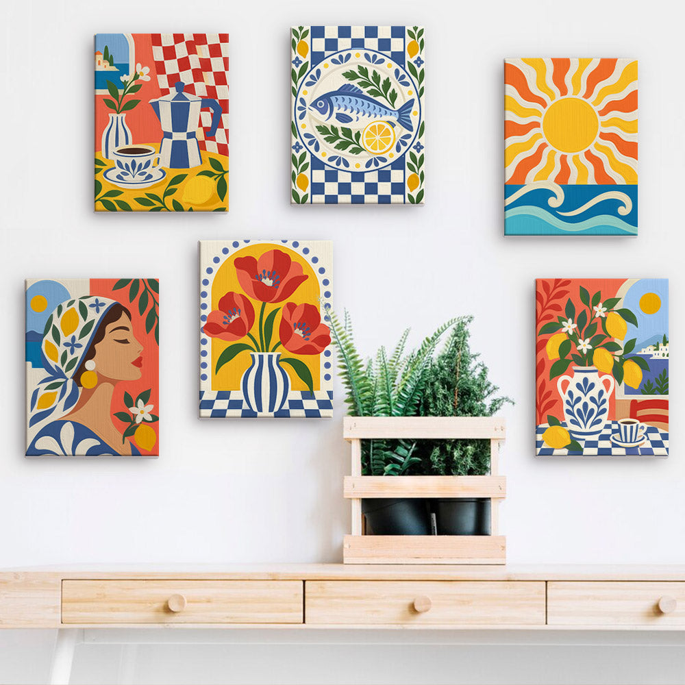 a wall adorned with six vibrant, colorful paintings depicting various scenes and objects, including a woman's portrait, flowers, and a wooden crate with plants.