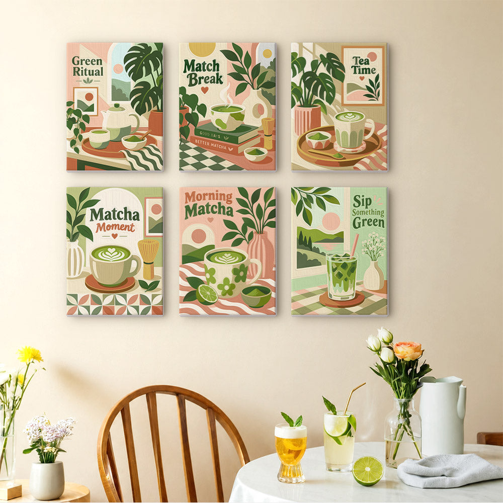 a wall with six colorful posters or paintings depicting various scenes related to matcha, such as a cup of matcha, a matcha ceremony, and a matcha drink. The posters are arranged in a grid pattern on the wall, creating a visually appealing display. In the foreground, there is a table with a vase of flowers, a pitcher, and a glass of matcha drink, suggesting a cozy and inviting atmosphere.