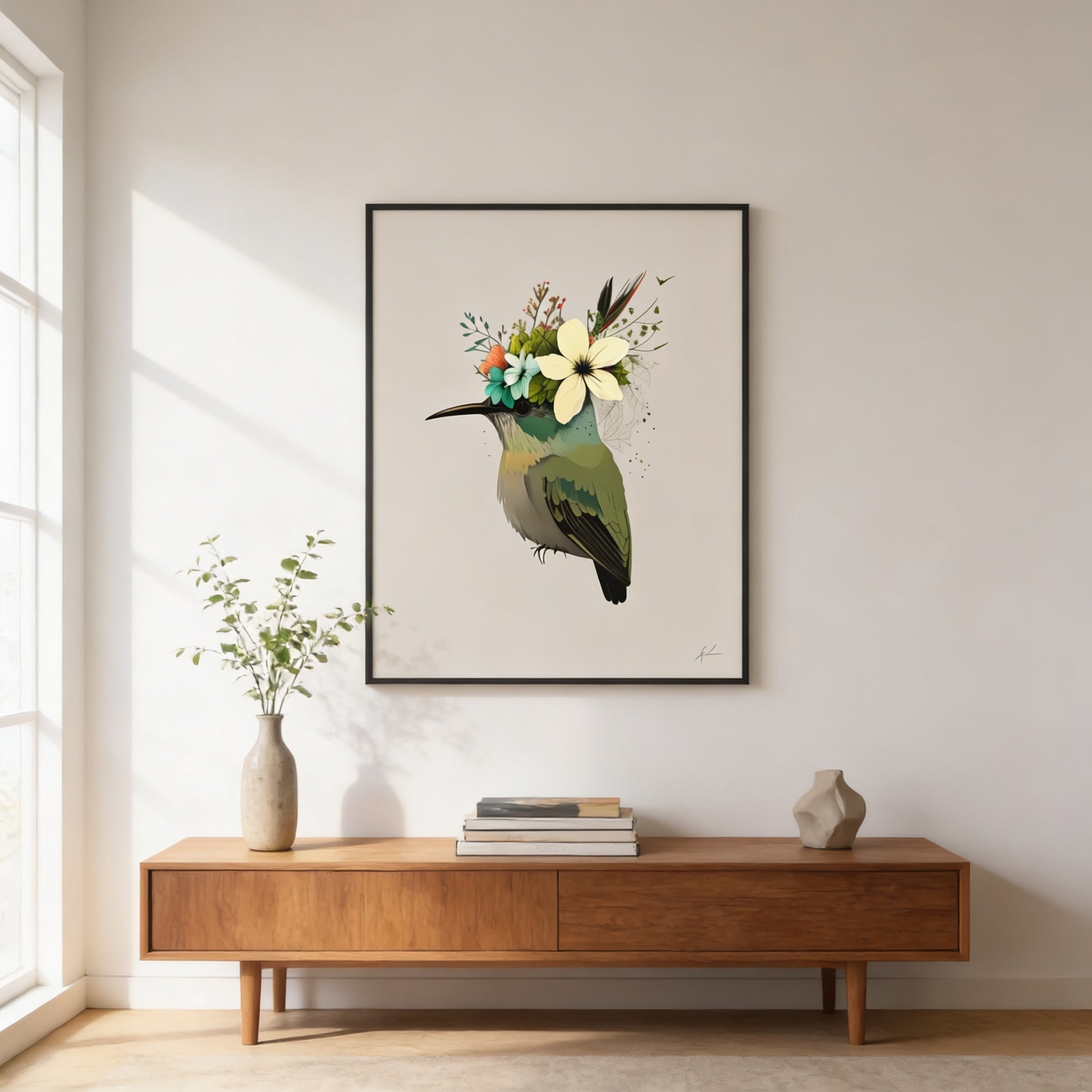 a framed illustration of a colorful bird with a flower crown on its head, hanging on a wall above a wooden console table.
