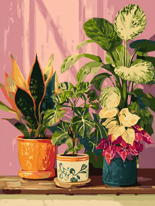three potted plants with vibrant green leaves and colorful flowers, arranged on a wooden surface against a pink background.