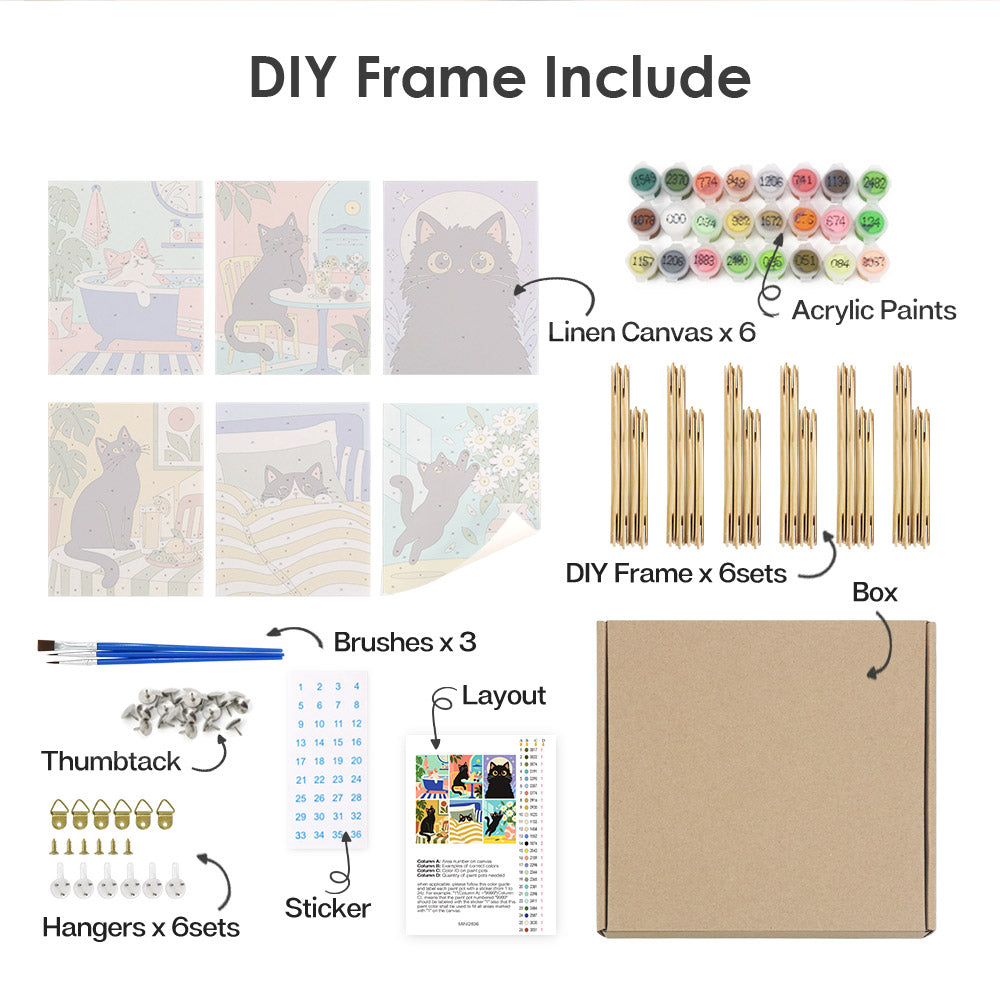 various DIY frame and art supplies, including a DIY frame kit, acrylic paints, brushes, a sticker, and a box.