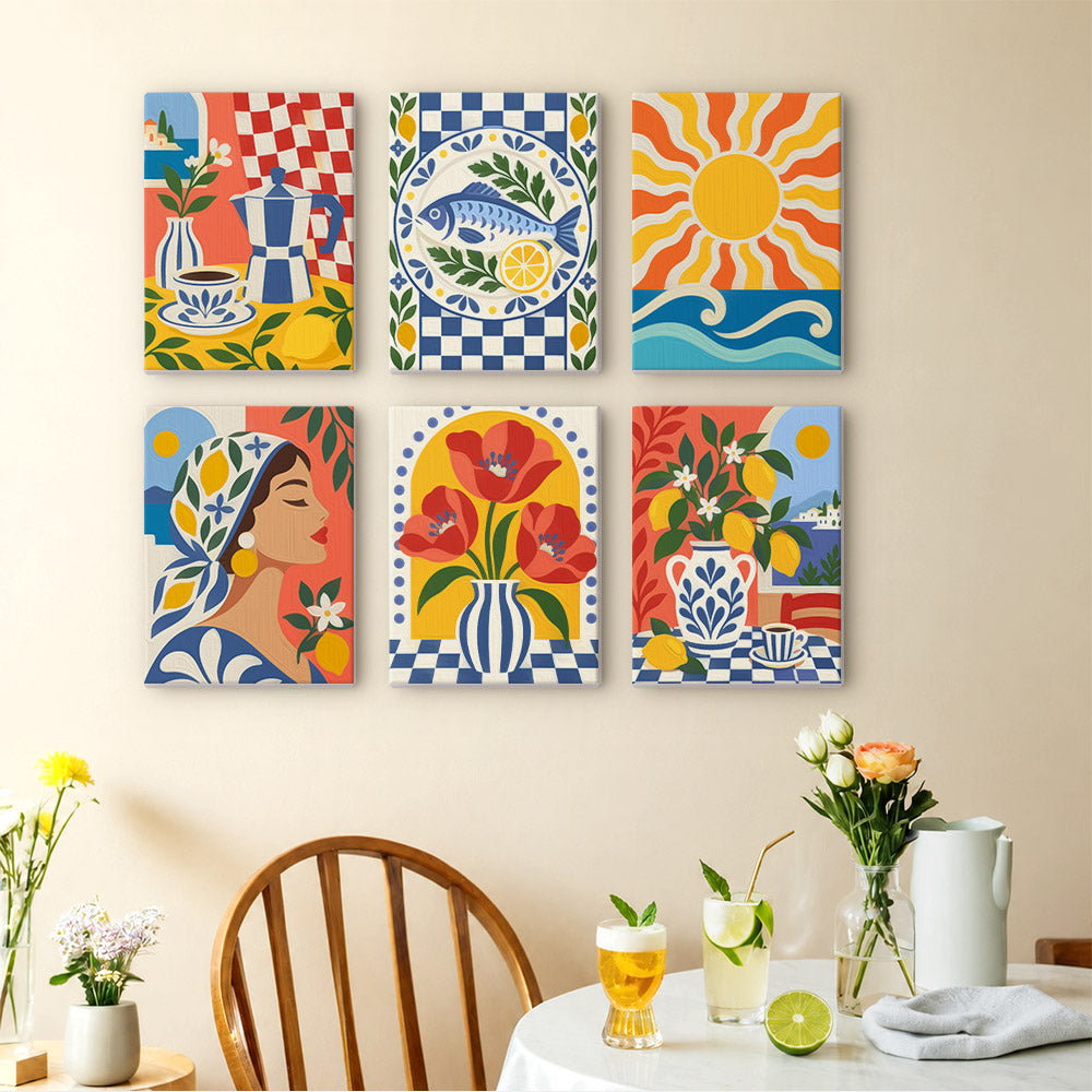 a wall adorned with six vibrant, colorful paintings depicting various scenes and objects, including a woman, flowers, a vase, a teapot, a fish, a sun, and a lemon. The paintings are arranged in a grid-like pattern, creating a visually appealing display on the wall. In the foreground, there is a table set with a vase of flowers, a pitcher, and a glass of lemonade, adding a touch of elegance and warmth to the scene.