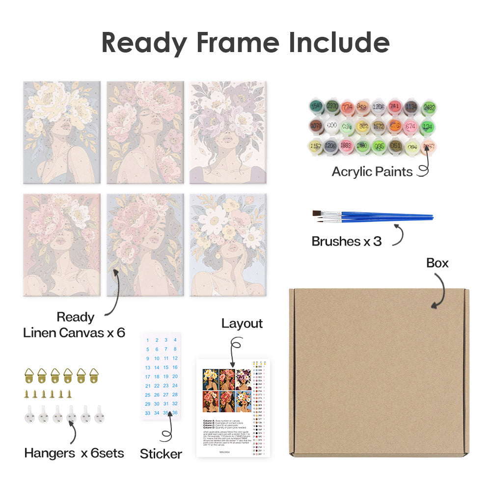 various art supplies and materials, including a ready frame, acrylic paints, brushes, a box, a layout, and a sticker.