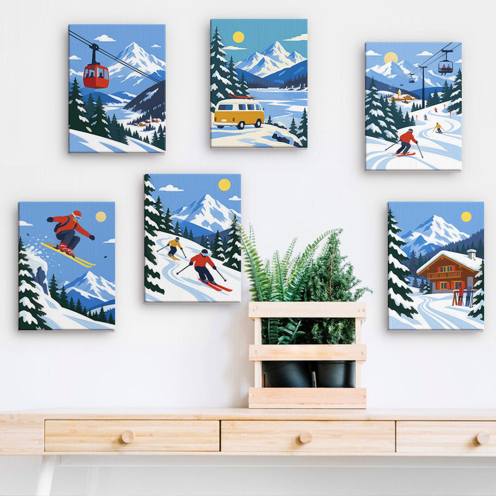 a wall with six framed pictures depicting winter sports and mountain scenes, including skiers, snowboarders, and ski lifts.