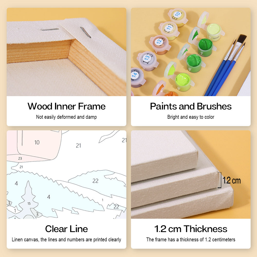 The image is a collage of four different pictures, each depicting a different aspect of painting and canvas materials. The first image shows a wooden inner frame, the second image displays paints and brushes, the third image features a clear line canvas, and the fourth image shows the dimensions of the frame.