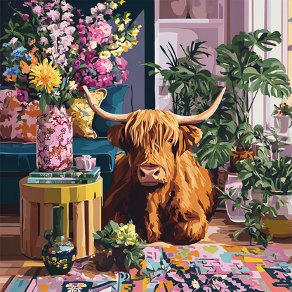 A brown cow with large horns is sitting on a colorful rug in a room filled with vibrant flowers, plants, and furniture.