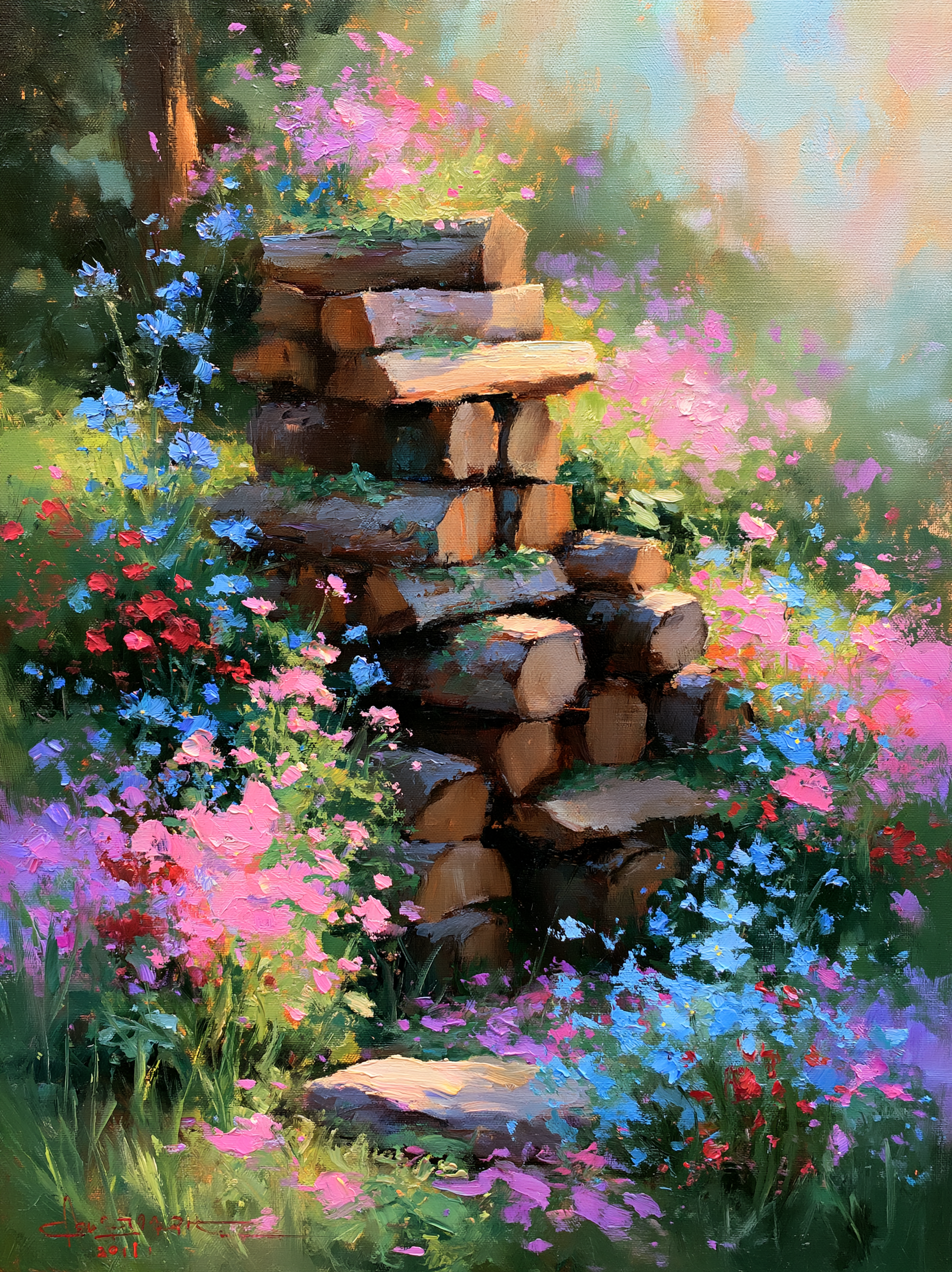 A vibrant painting depicting a lush garden scene with a stack of logs, flowers, and greenery.