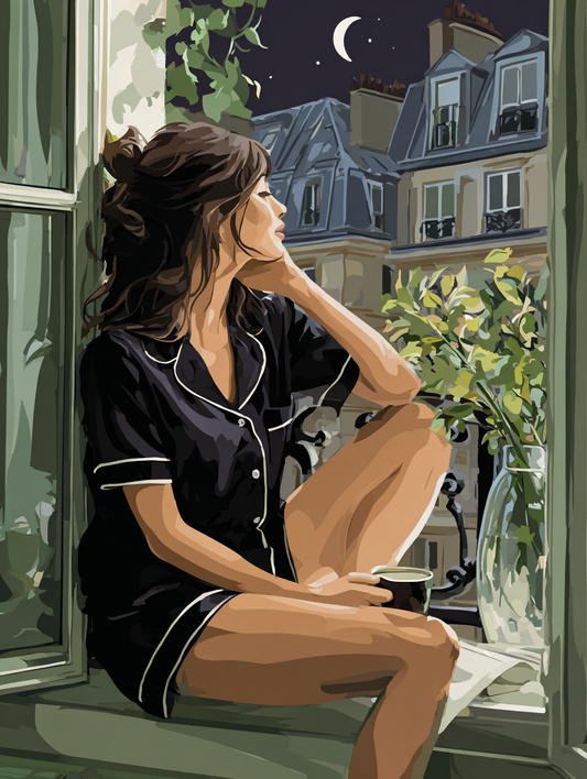 A woman in a black outfit is sitting on a window sill, looking out at a cityscape at night with a crescent moon and stars in the sky.