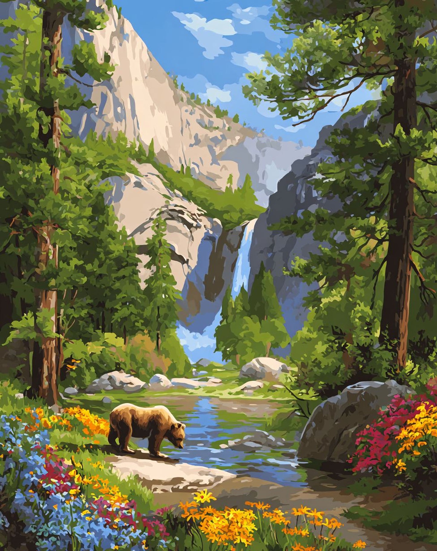 A brown bear walks along a river in a lush, colorful forest, with a waterfall cascading down the rocky mountainside in the background.