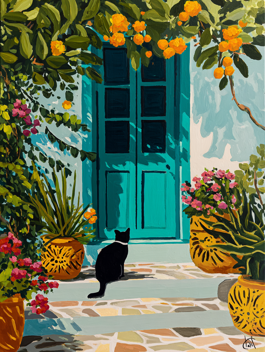A black cat sits on a tiled floor, gazing at a vibrant blue door with a green window frame, surrounded by potted plants and flowers.