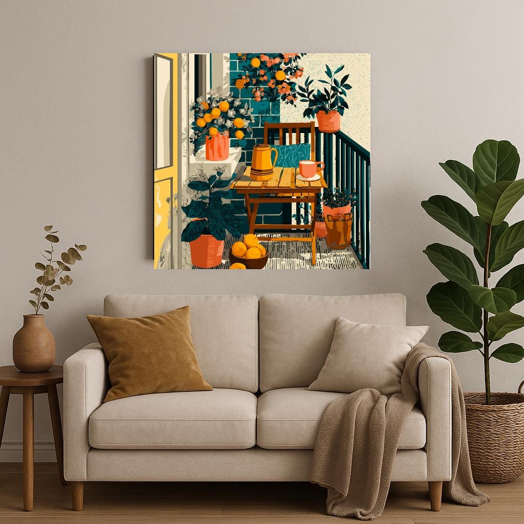 a cozy living room with a beige sofa, a wooden coffee table, and a large potted plant. Above the sofa, there is a colorful painting of a balcony with orange flowers and a table with a vase of flowers.