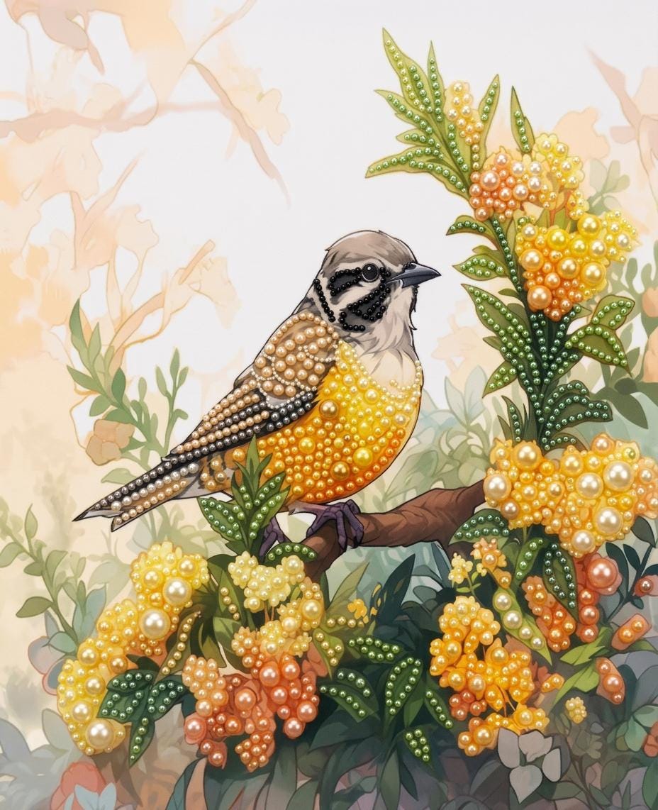 A colorful illustration of a bird perched on a branch with yellow flowers and green leaves.