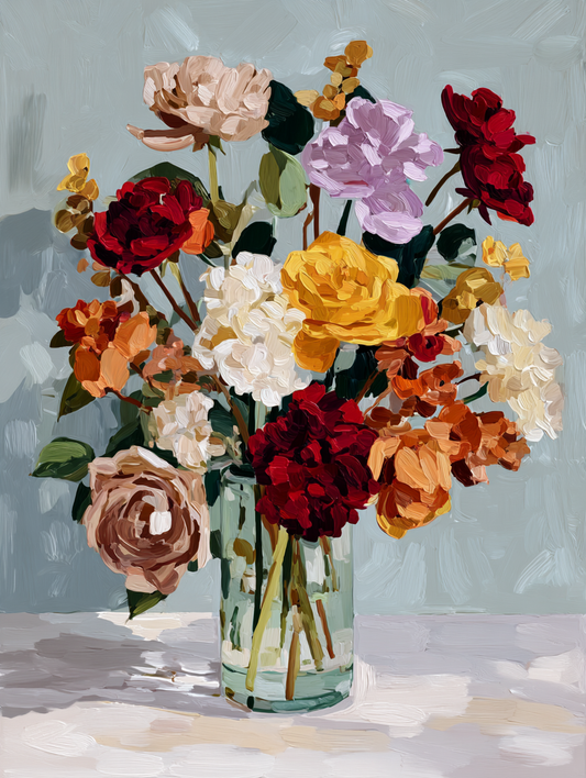 A vibrant bouquet of various colorful flowers, including roses, peonies, and other blooms, arranged in a glass vase on a table.