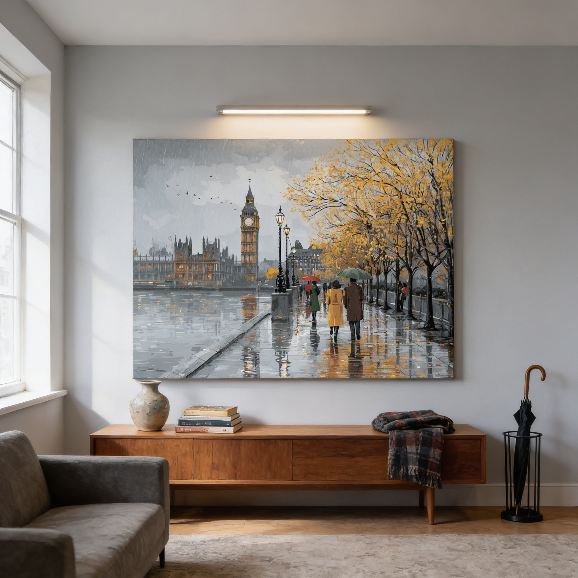 a serene scene of a couple walking along a path in London, with the iconic Big Ben clock tower visible in the background. The painting is hung on a wall above a wooden console table, which has a vase, a stack of books, and an umbrella. The overall atmosphere of the room is calm and peaceful, with the couple enjoying their leisurely stroll in the picturesque setting.