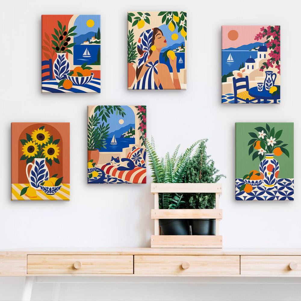 a wall with six colorful paintings of various scenes, including landscapes, still life, and portraits, arranged in a row above a wooden shelf.