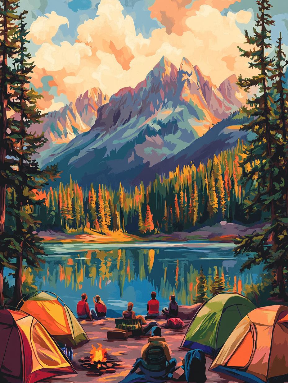 a painting of a camp site with a lake and mountains in the background