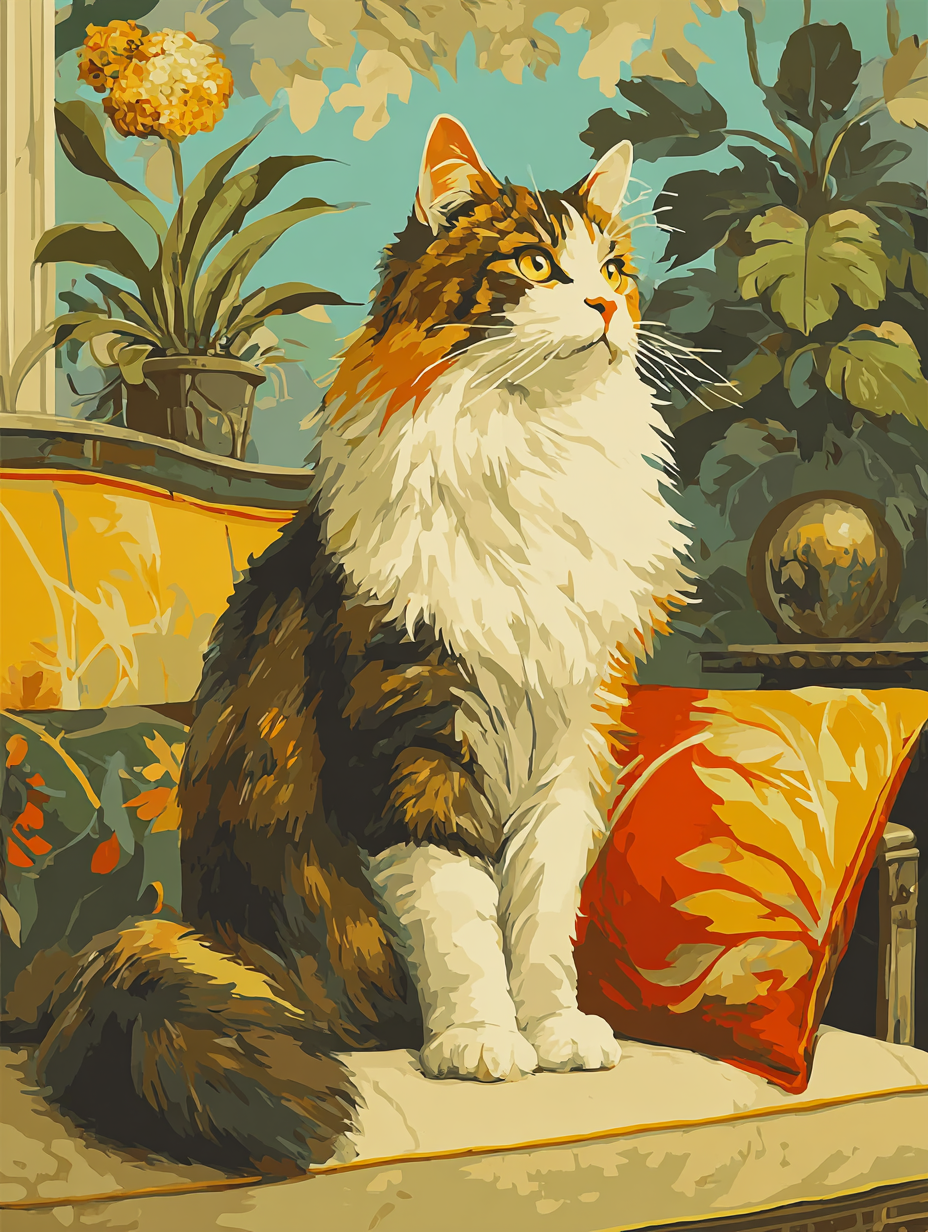 A fluffy calico cat sits on a colorful couch, surrounded by lush greenery and a vibrant floral arrangement.