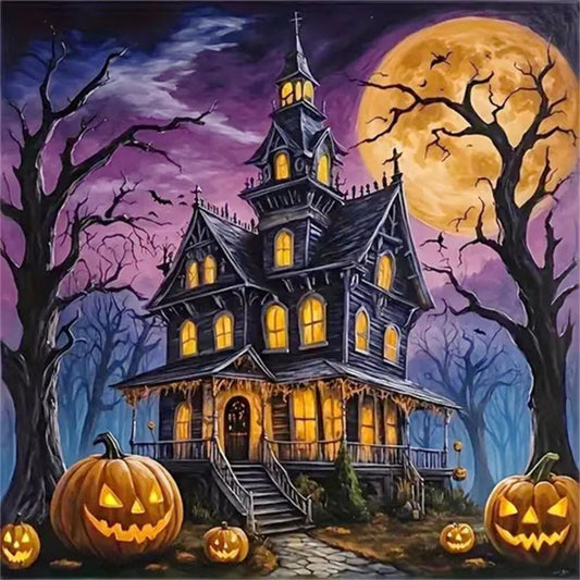 A spooky, old-fashioned house with a large, glowing moon in the background, surrounded by jack-o'-lanterns and a dark, eerie forest.