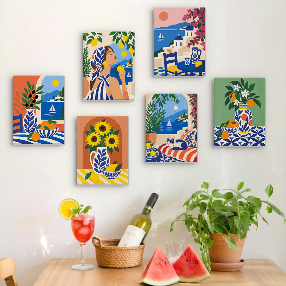 a wooden table topped with watermelon slices and a bottle of wine